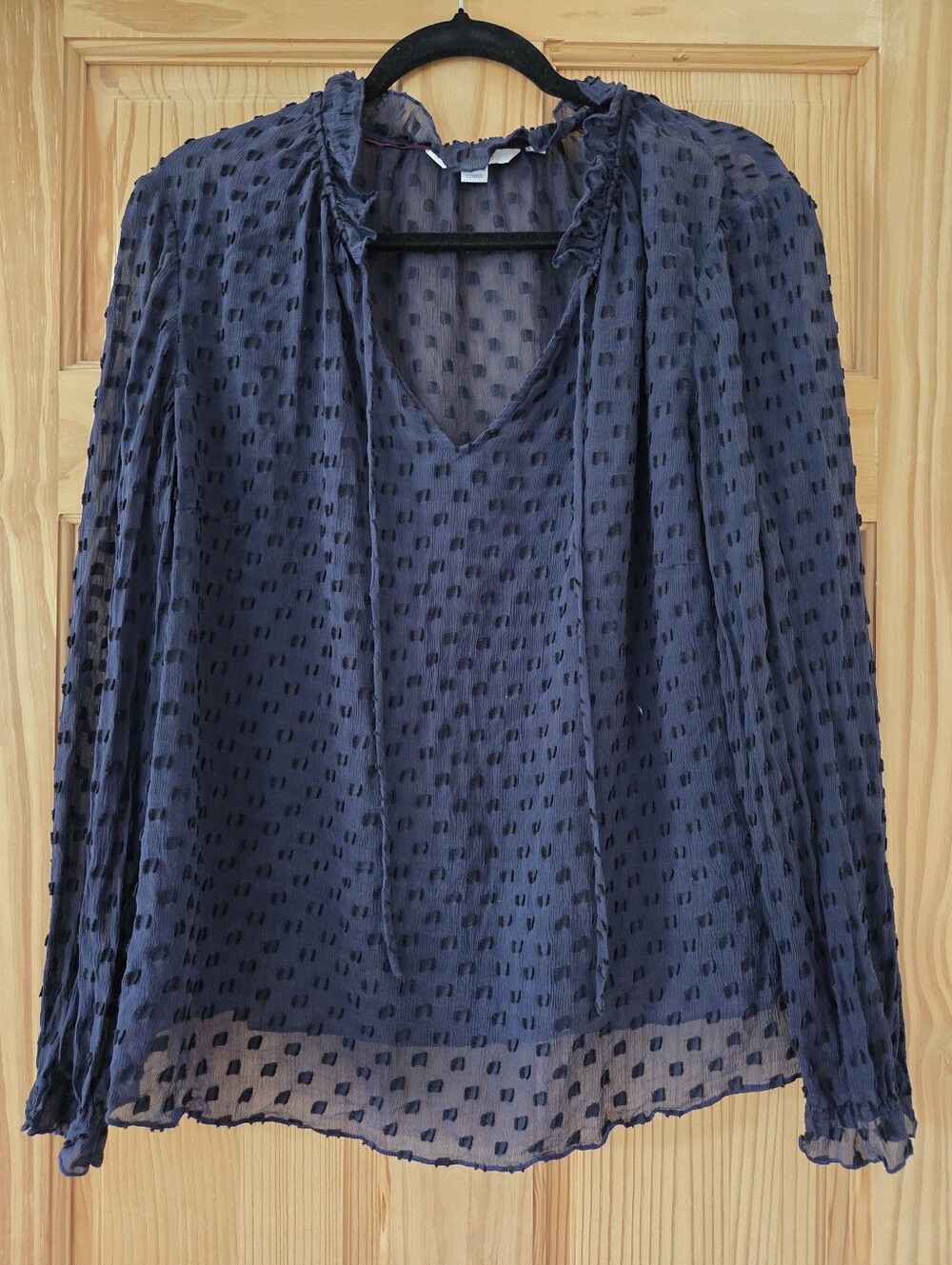 Boden Luxury Navy Silk Cotton Blend Swiss Dot Ruffle Tie Neck Blouse Top 16
